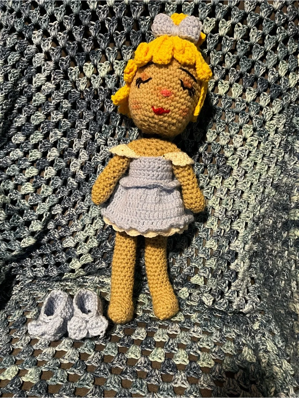 Handmade Crochet Doll with Yellow Hair and Light Blue Dress